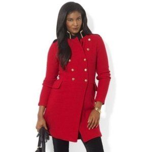 Ralph Lauren Red & Black Wool & Velvet Military Sweater Coat Small Petite